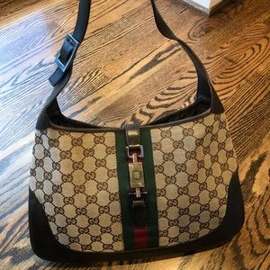 GUCCI Monogram Web Jackie O Hobo Dark Brown
